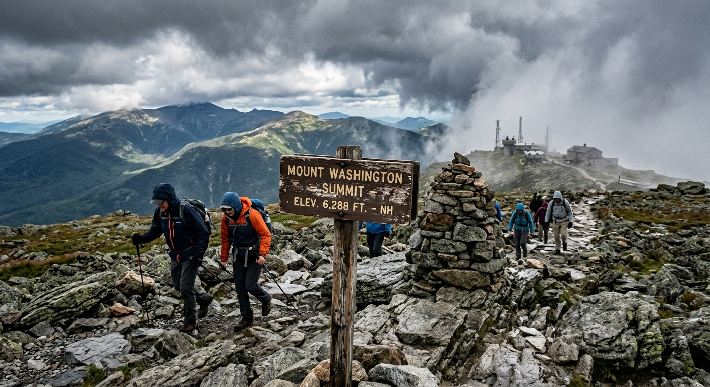 Summit cone of Mount Washington in racing clouds